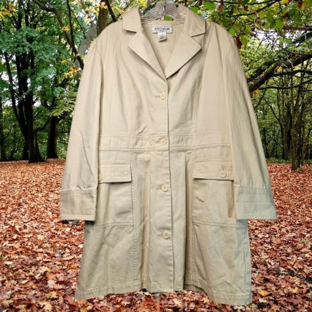 Jones Wear Tan Herringbone Cotton Utility Trench Coat 16 Old Money Prep Academic